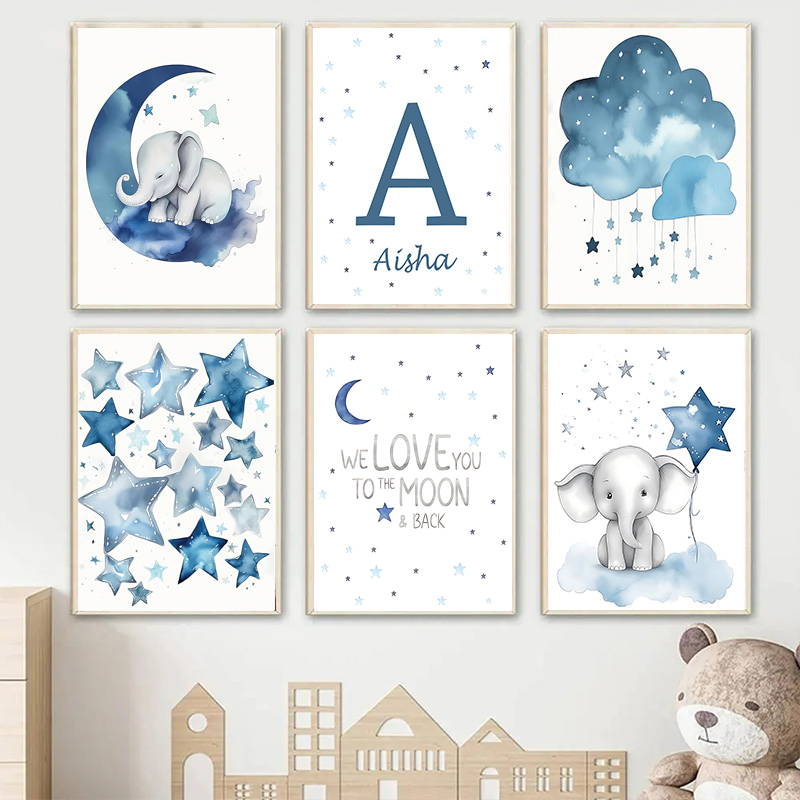 Baby Name Wall Art - Bulan biru dan bintang bayi nama