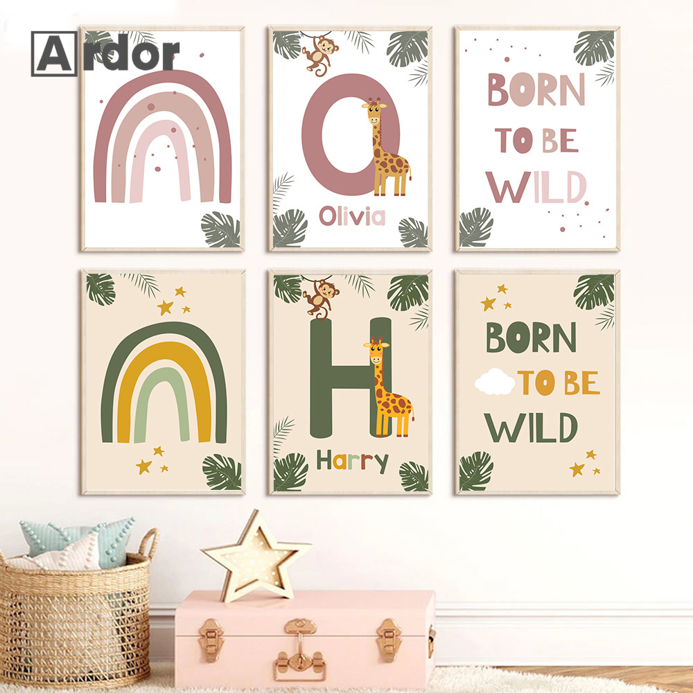 Baby Name Wall Art - Poster Hewan Hutan Nordik Lukisan Kanvas