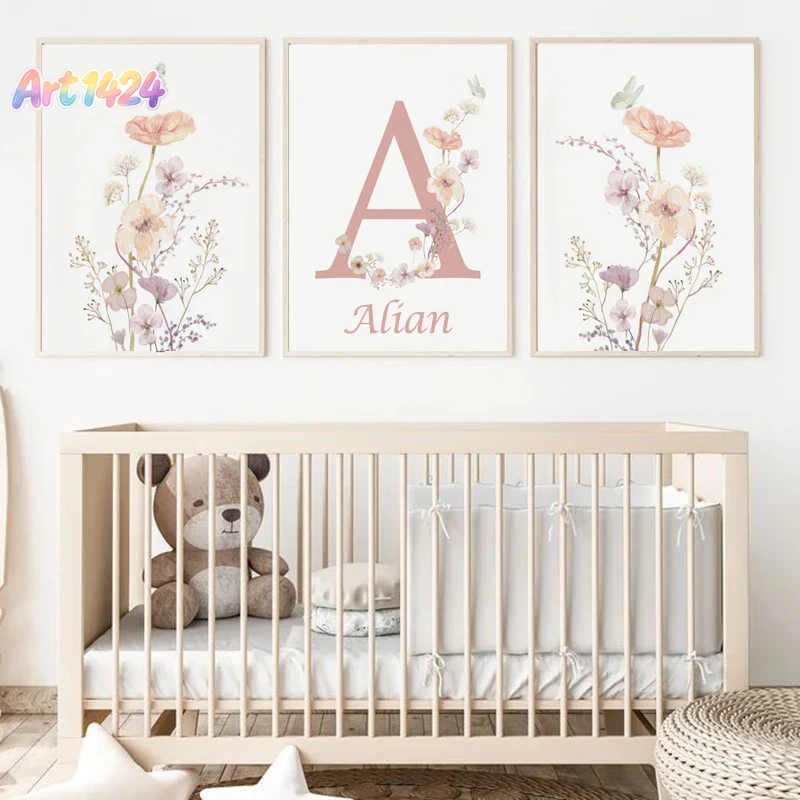 Baby Name Wall Art - Lukisan Kanvas Bunga Mawar Pink dengan