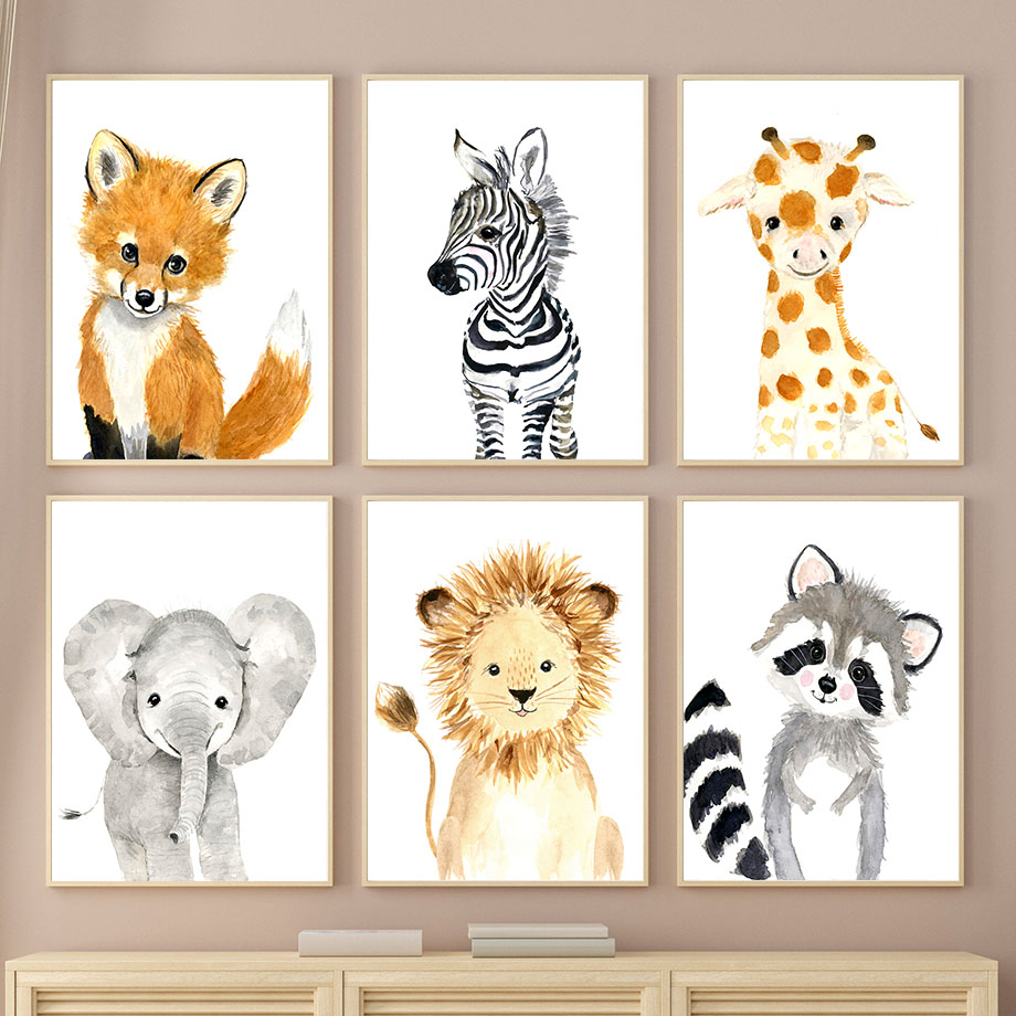 Baby Zebra Nursery - Poster Kamar Bayi Boho Rakun Gajah